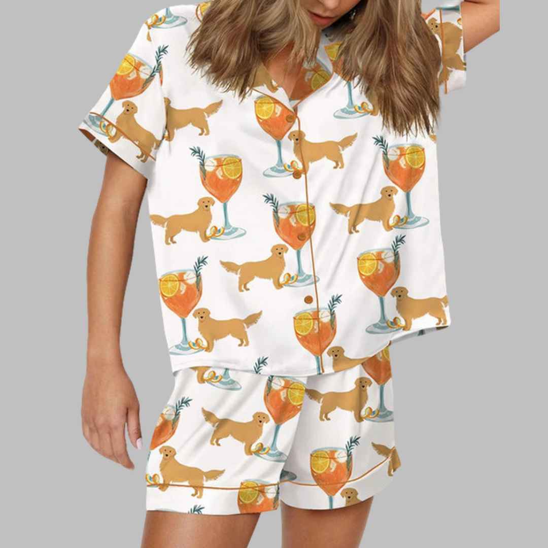 Aperol Spritz And Golden Retriever Satin Pajama Set