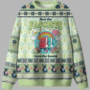 Alternative view of Ban The Fascists Save The Books Ugly Christmas Sweater - gullprint.com