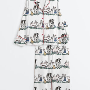 Barnyard Animals Pig Cow Dog Long Sleeve Satin Pajamas Set