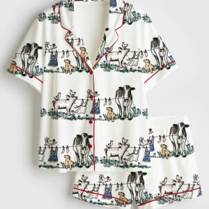 Barnyard Animals Pig Cow Dog Short Sleeve Satin Pajama Set
