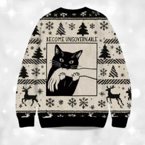 Alternative view of Become Ungovernable Black Cat Biting Christmas Ugly Sweater