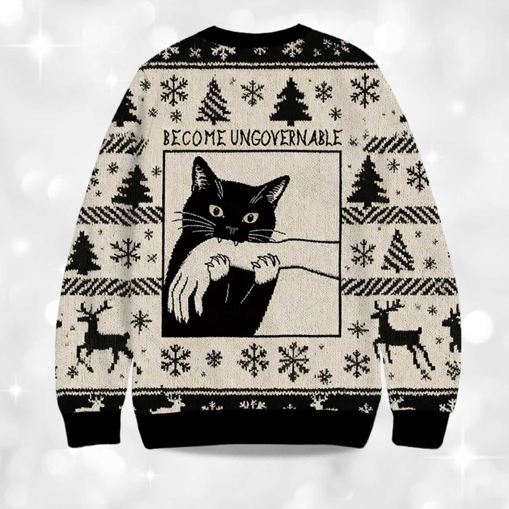 Alternative view of Become Ungovernable Black Cat Biting Christmas Ugly Sweater