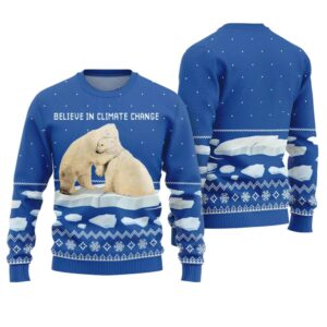 Believe in Climate Change Polar Bear Ugly Holiday Sweater - Grishko.com