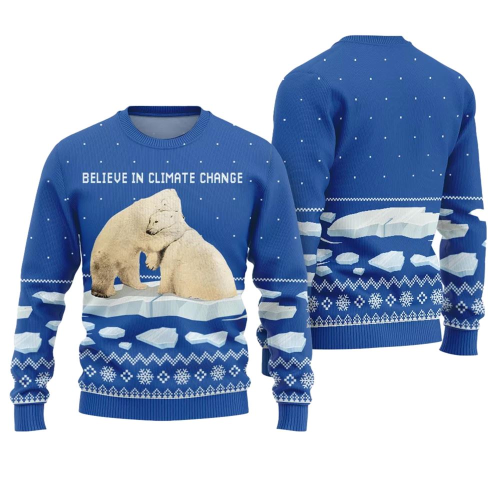Believe in Climate Change Polar Bear Ugly Holiday Sweater - Grishko.com