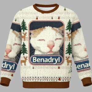Alternative view of Benadryl Cat Meme Christmas Ugly Sweater - gullprint.com