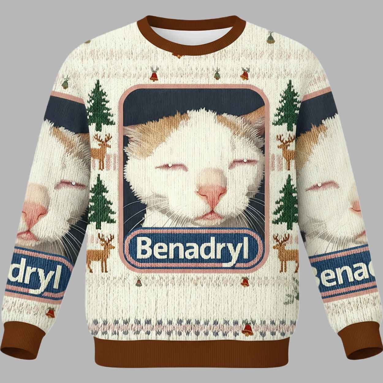 Alternative view of Benadryl Cat Meme Christmas Ugly Sweater - gullprint.com