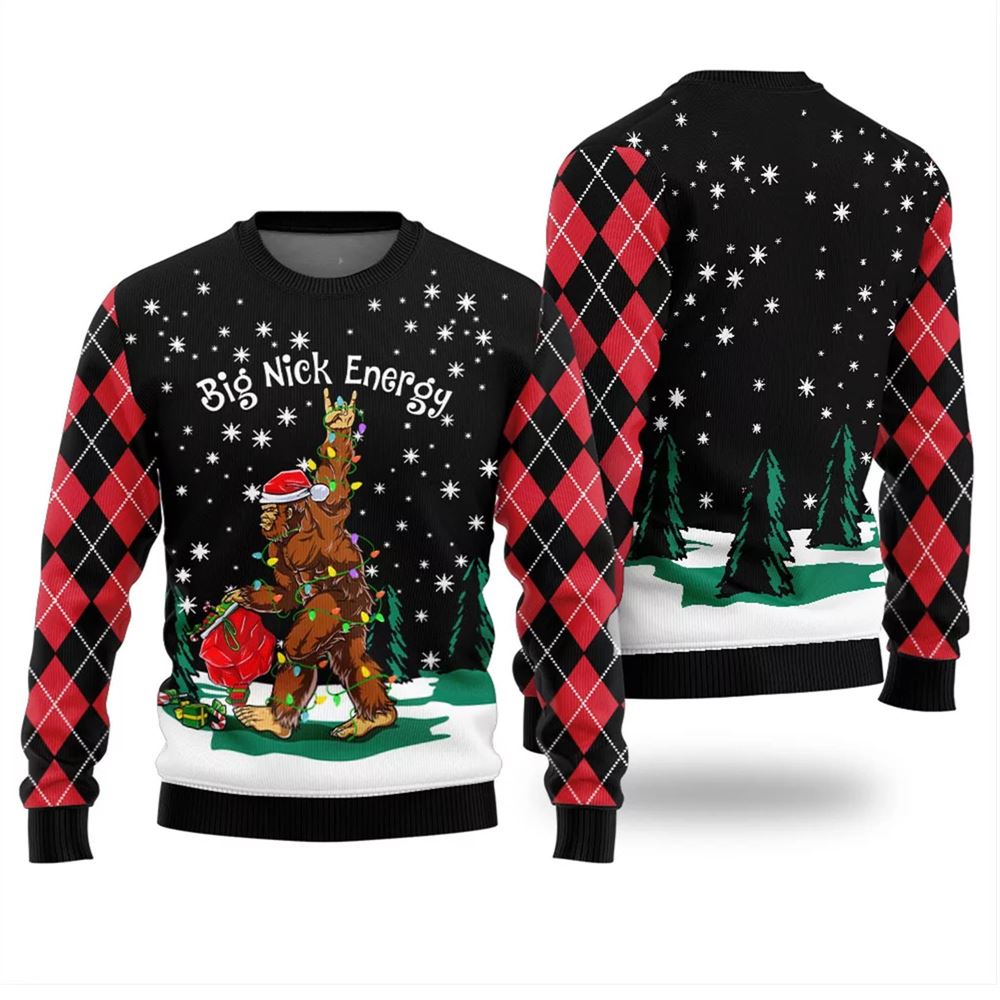 Alternative view of Big Nick Bigfoot Energy Ugly Christmas Sweater - Grishko.com