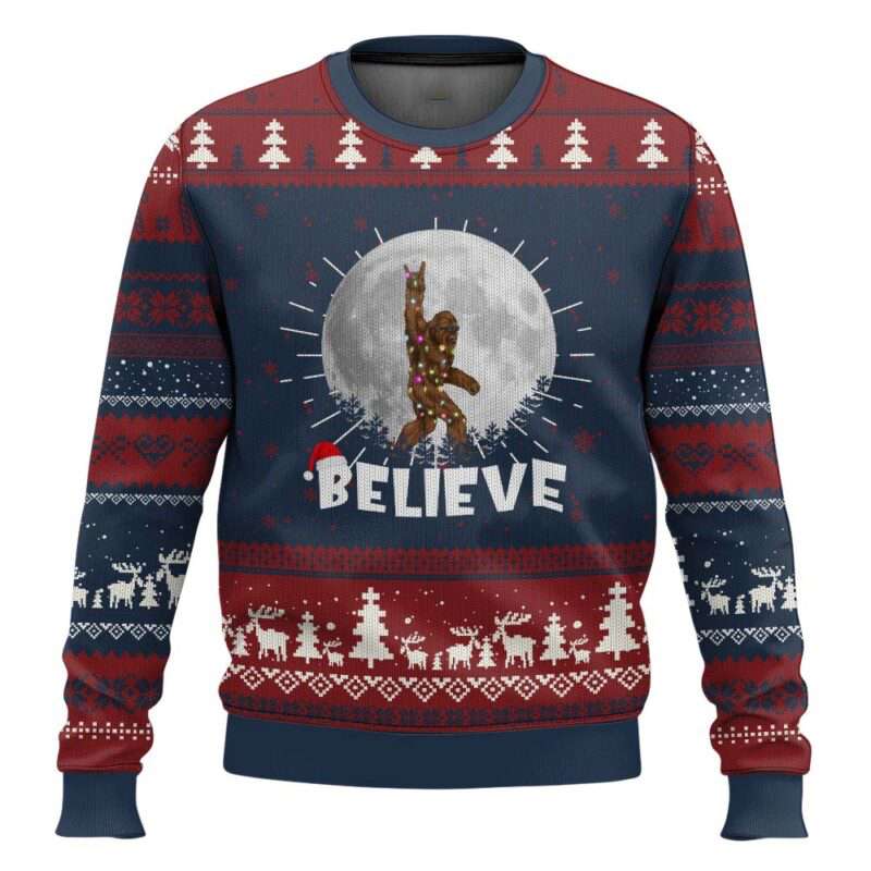 Bigfoot Cool Full Moon & Trees Sasquatch Ugly Christmas Sweater