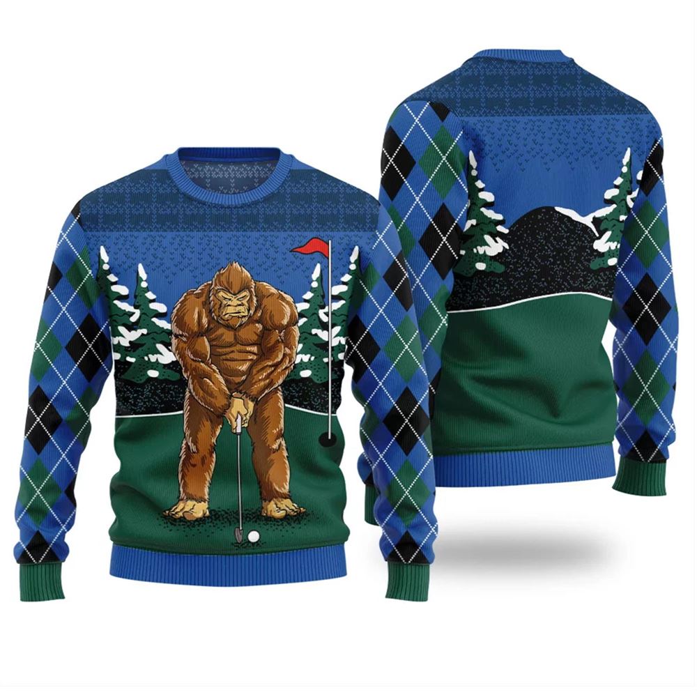 Alternative view of Bigfoot Golfing Ugly Christmas Sweater - Grishko.com