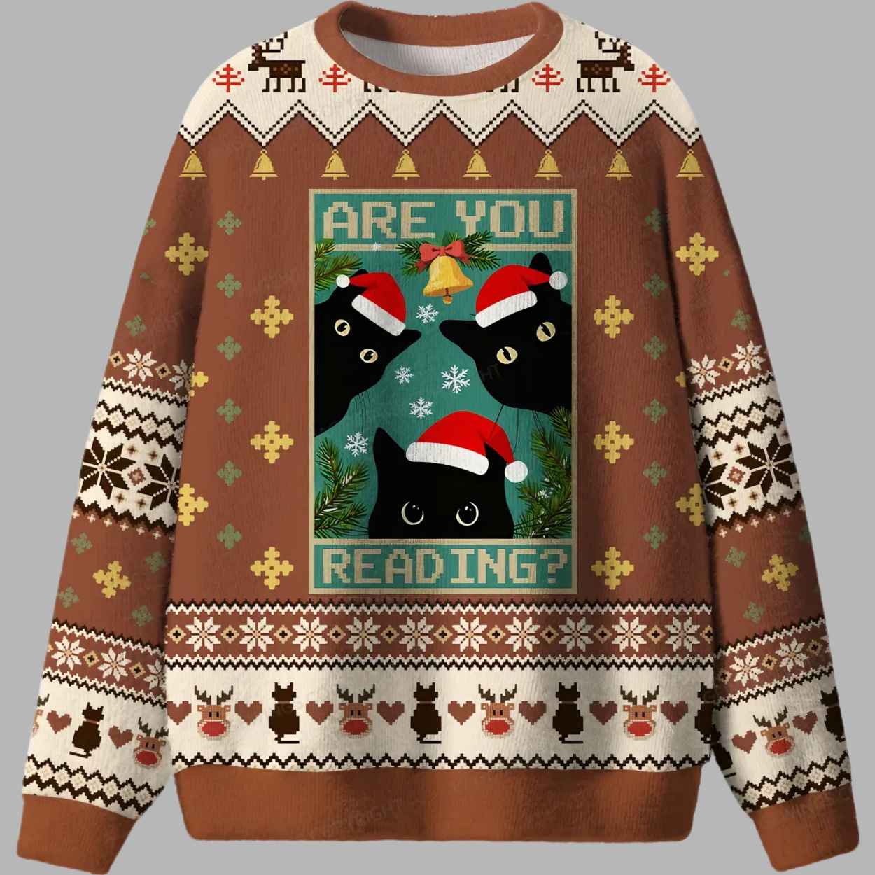 Alternative view of Black Cat Are You Reading Ugly Christmas Sweater - gullprint.com