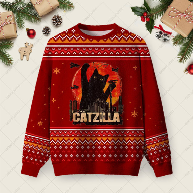 Black Cat Ugly Christmas Fuzzy Fleece Sweatshirt