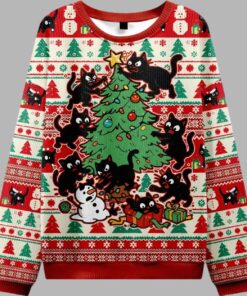 Black Cats Destroying Christmas Tree Ugly Christmas Sweater