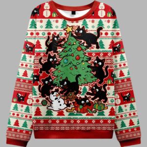 Alternative view of Black Cats Destroying Christmas Tree Ugly Christmas Sweater - gullprint.com