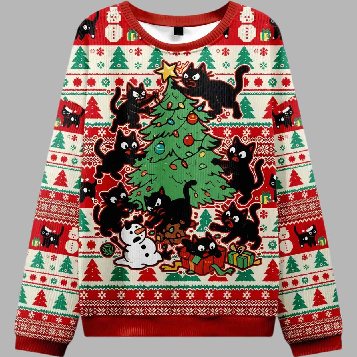 Alternative view of Black Cats Destroying Christmas Tree Ugly Christmas Sweater - gullprint.com