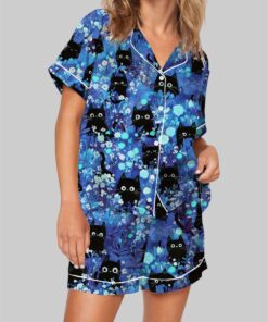 Black Cats Pajama Set For Women