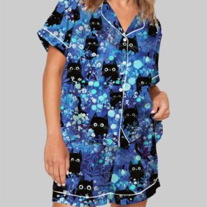 Black Cats Pajama Set For Women