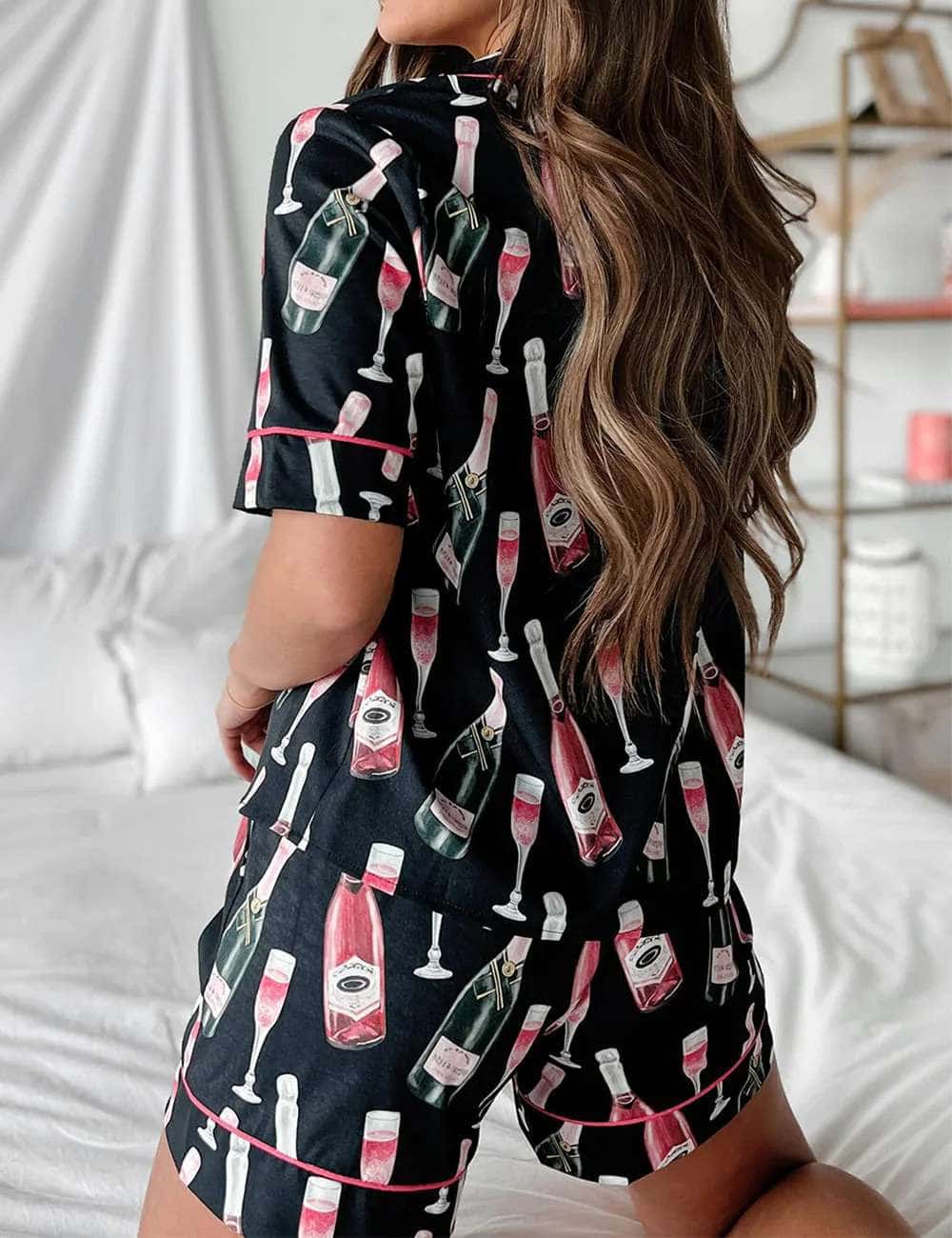 Black Champagne Short Sleeve Pajama Set - Image 2