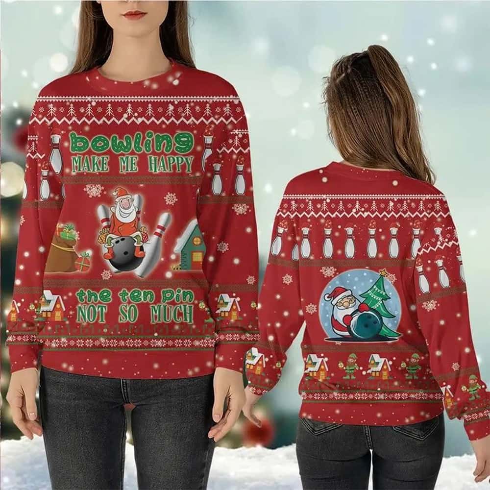 Alternative view of Bowling Makes Me Happy The Ten Pin Not So Much Ugly Christmas Sweater