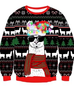 Bulbs Llama With Glasses Print Crew Neck Ugly Christmas Sweatshirt 