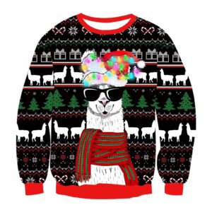 Bulbs Llama With Glasses Print Crew Neck Ugly Christmas Sweatshirt - Grishko.com