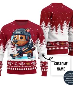 Capybara Playing Hockey Custom Name Ugly Christmas Sweater