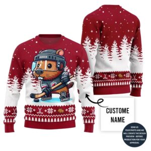Capybara Playing Hockey Custom Name Ugly Christmas Sweater
