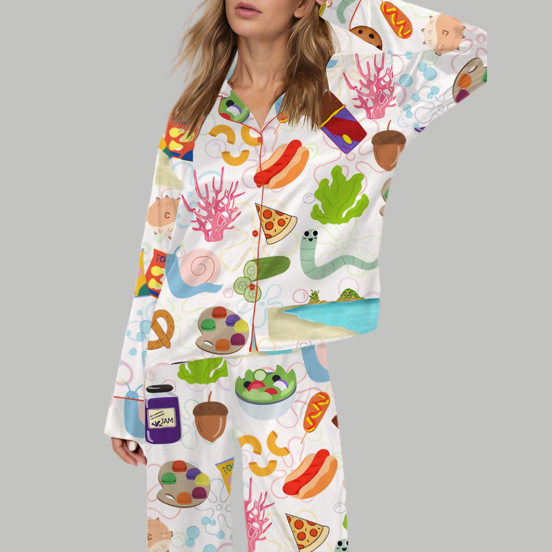 Cartoon Under The Sea Food Silky Satin Pajama Set