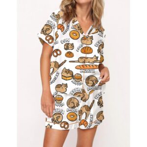 Cat Bread Satin Pajama Set For Women