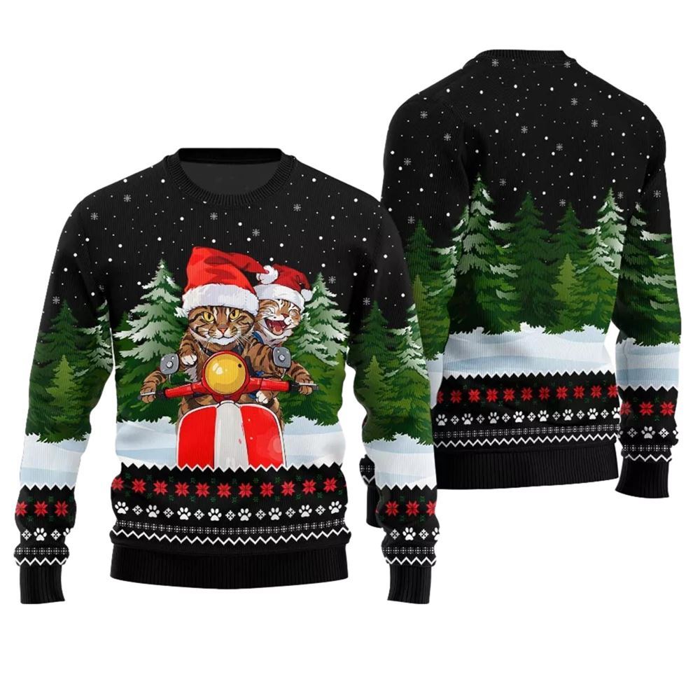 Alternative view of Cat Riding Motorcycle Ugly Christmas Sweater - Grishko.com