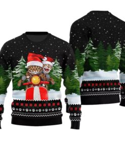 Cat Riding Motorcycle Ugly Christmas Sweater 