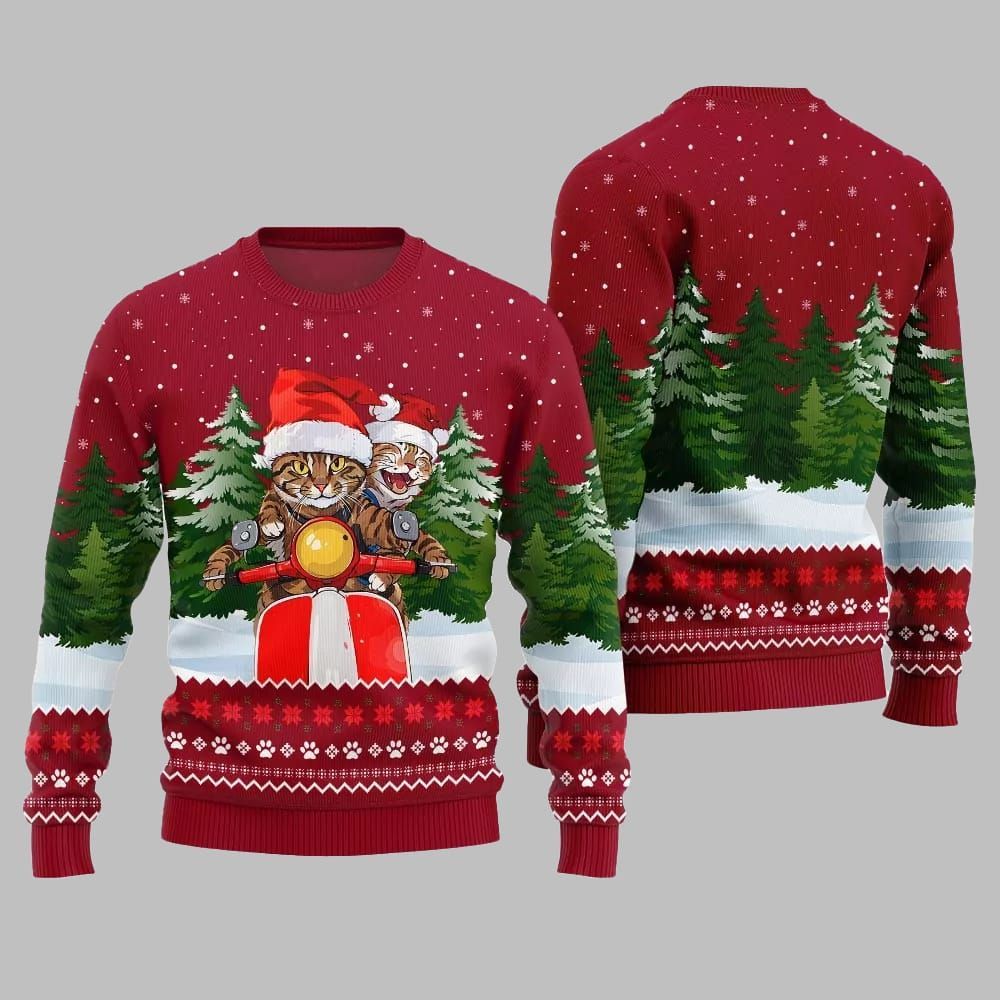 Cat Riding Motorcycle Ugly Sweater 2025 Christmas - Image 5