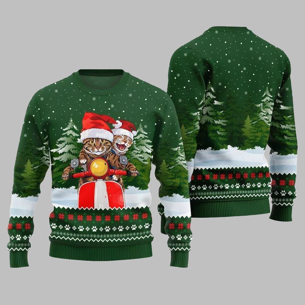 Cat Riding Motorcycle Ugly Sweater 2025 Christmas - Image 4