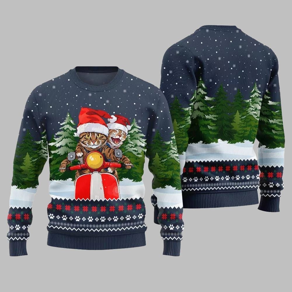 Alternative view of Cat Riding Motorcycle Ugly Sweater 2025 Christmas - Grishko.com