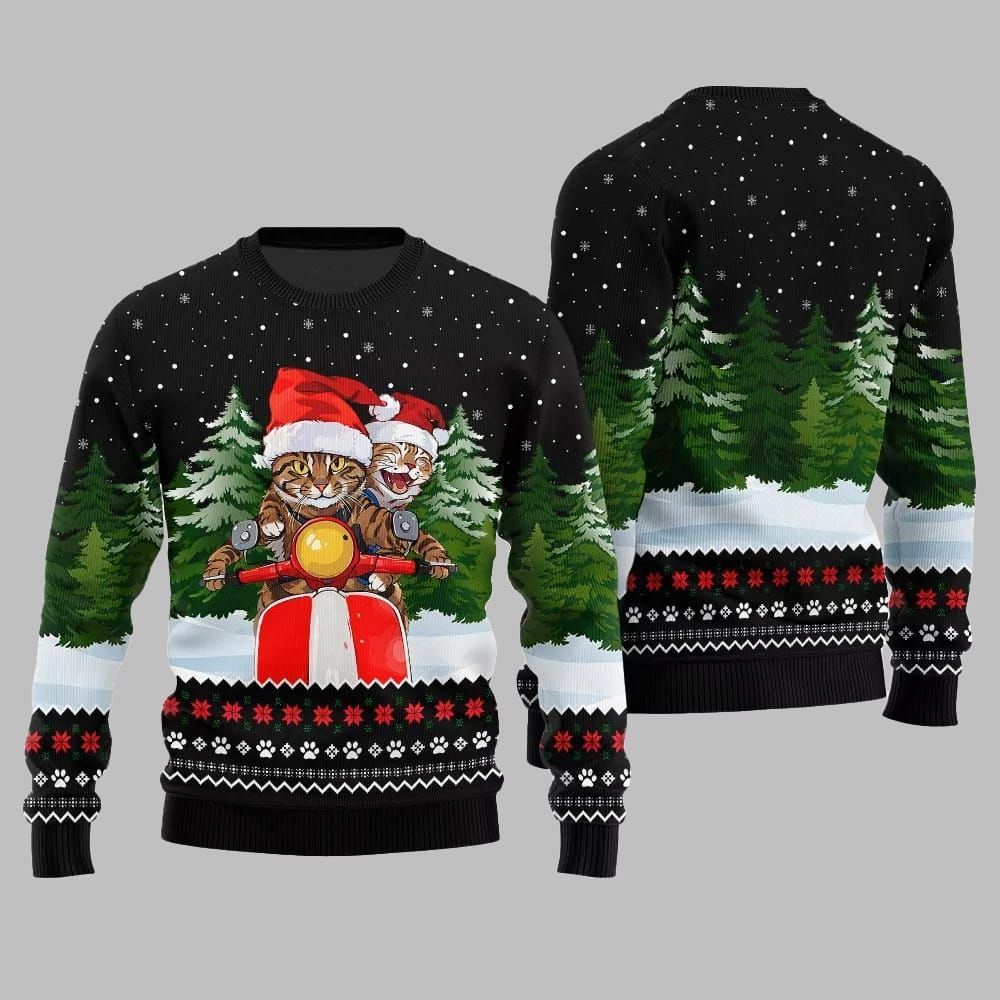 Cat Riding Motorcycle Ugly Sweater 2025 Christmas - Image 3