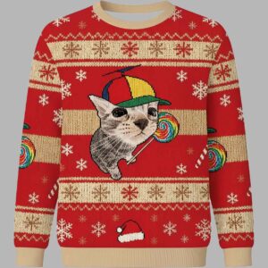 Alternative view of Cat With Lollipop And Hat Christmas Ugly Sweater - gullprint.com