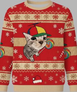 Cat With Lollipop And Hat Christmas Ugly Sweater