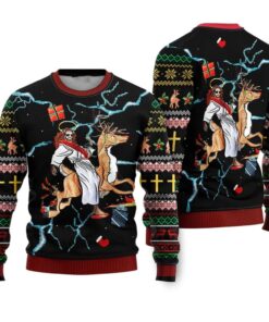 Christian Riding Reindeer Black Ugly Christmas Sweater 
