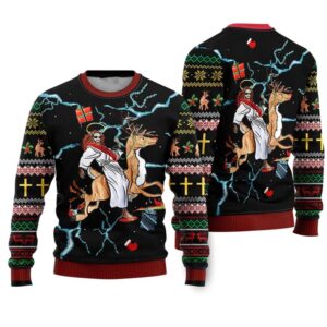 Alternative view of Christian Riding Reindeer Black Ugly Christmas Sweater - Grishko.com