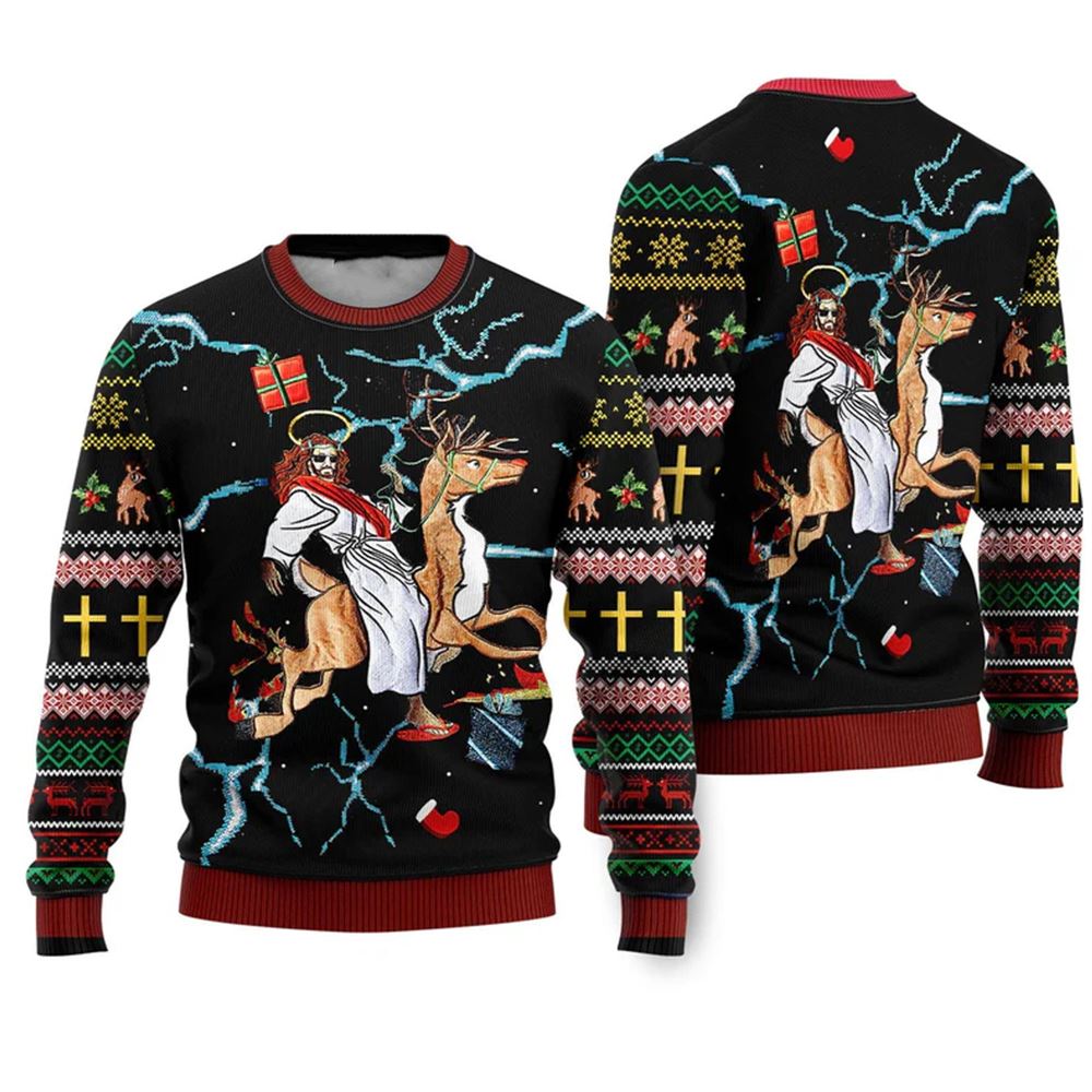 Alternative view of Christian Riding Reindeer Black Ugly Christmas Sweater - Grishko.com