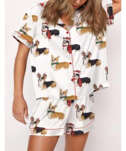 Christmas Corgi Satin Pajama Set For Women