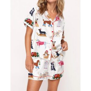 Christmas Doggy Satin Pajama Set For Women