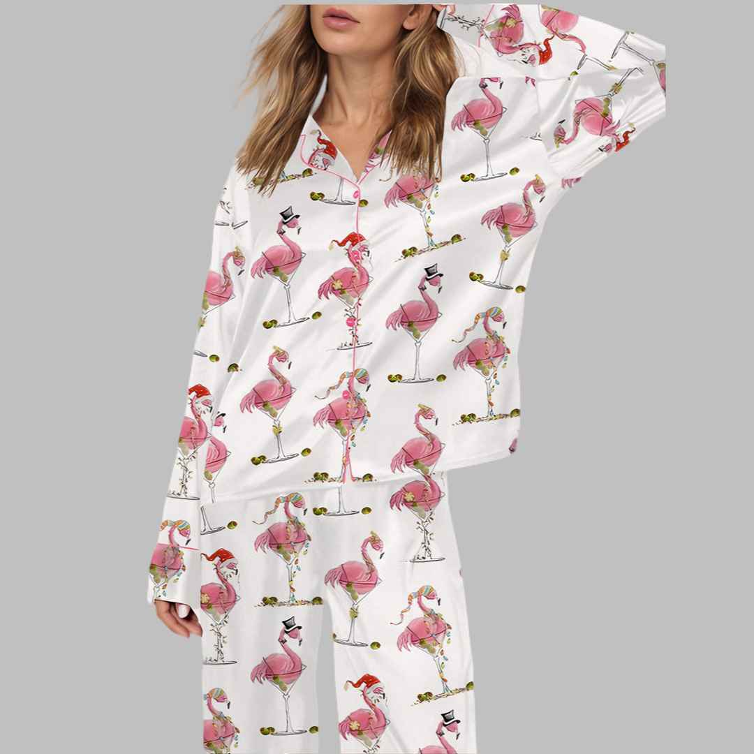 Christmas Flamingo Martini Satin Pajama Set