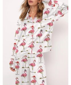 Christmas Flamingo Martini Satin Pajama Set For Women