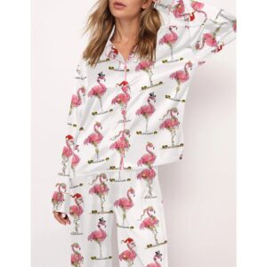 Christmas Flamingo Martini Satin Pajama Set For Women