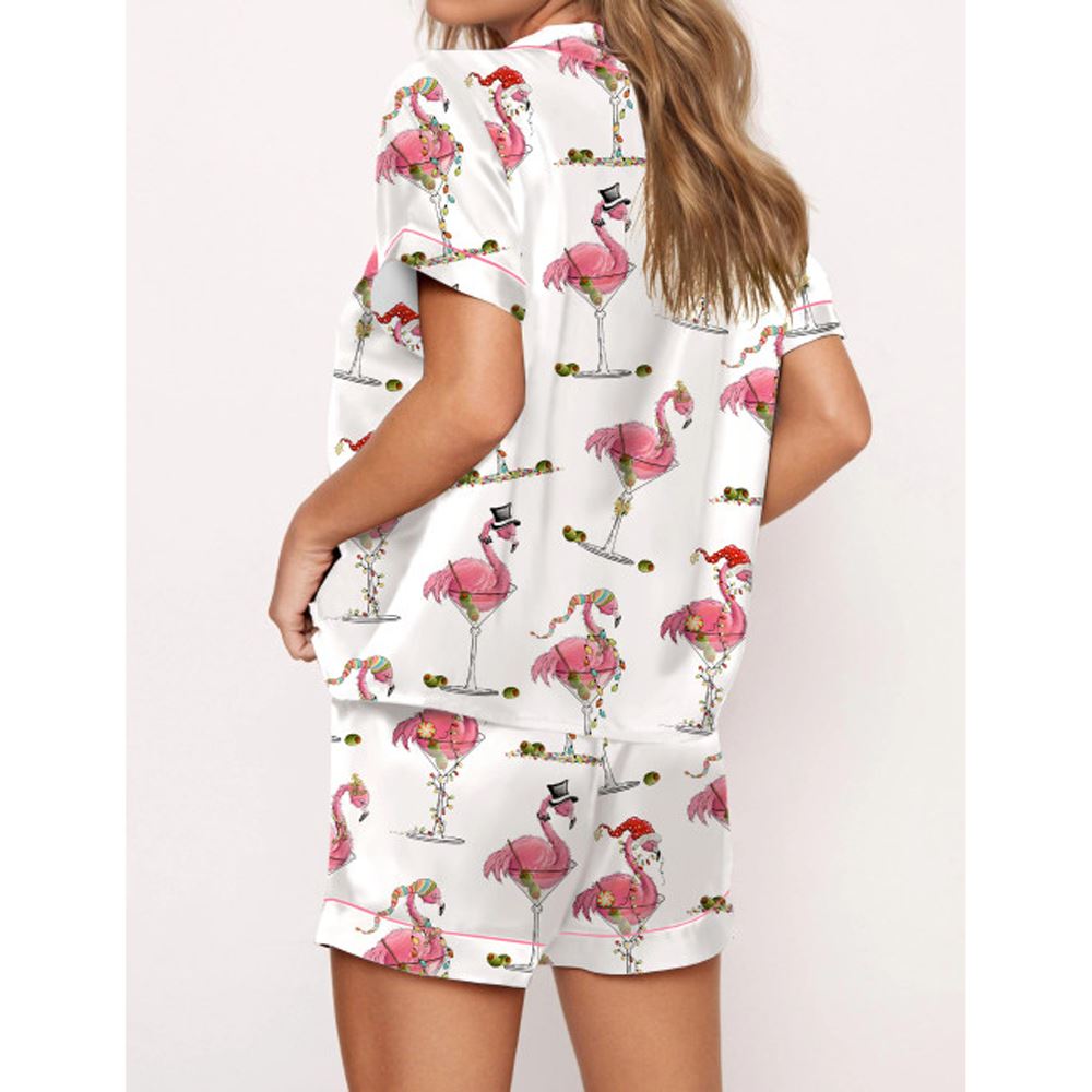 Christmas Flamingo Martini Satin Pajama Set For Women - Image 3