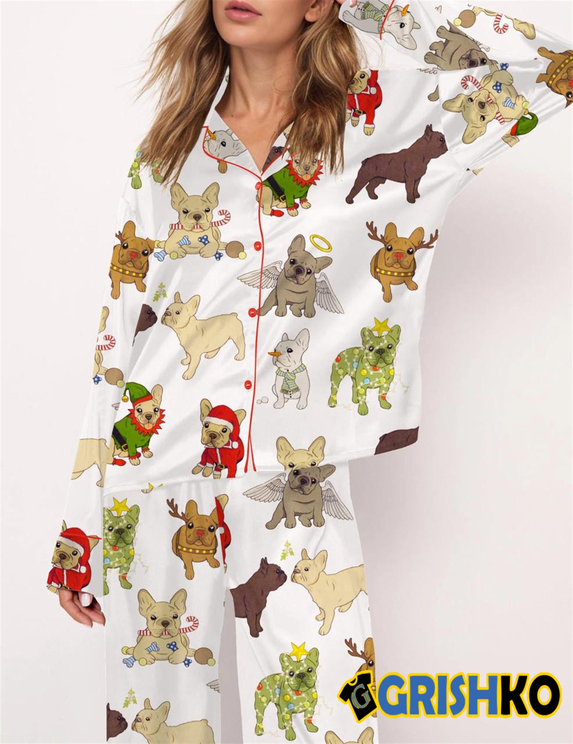 Alternative view of Christmas French Bulldog Satin Pajama Set