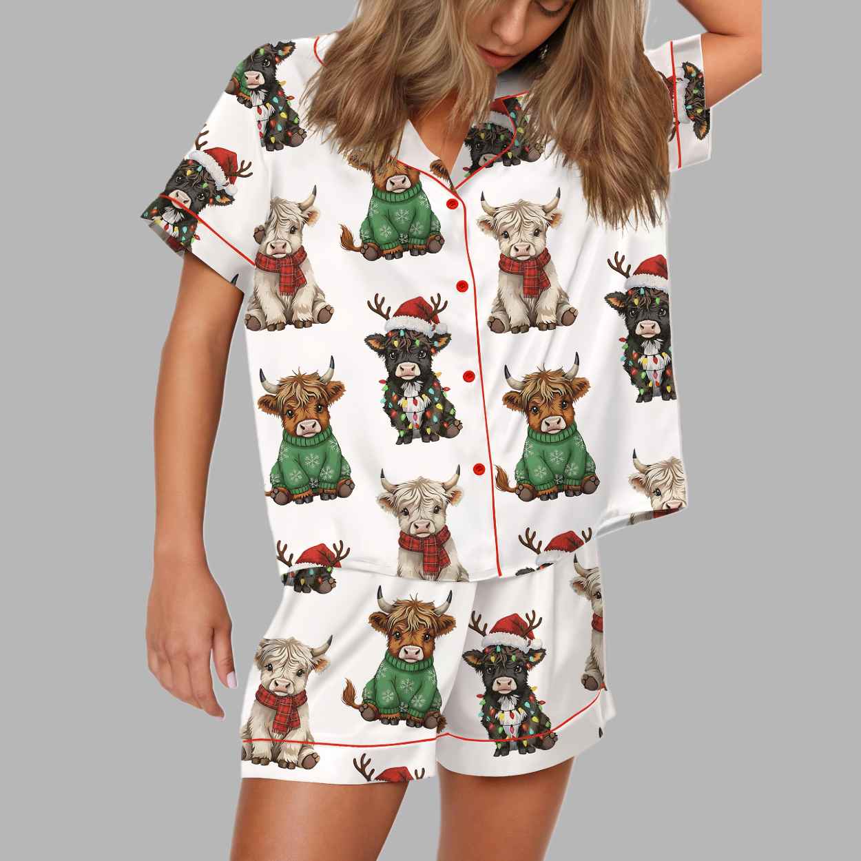 Christmas Highland Cow Silky Satin Pajama Set - Image 4