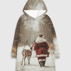 Christmas Santa Claus And Reindeer Winter Walk Blanket Hoodie