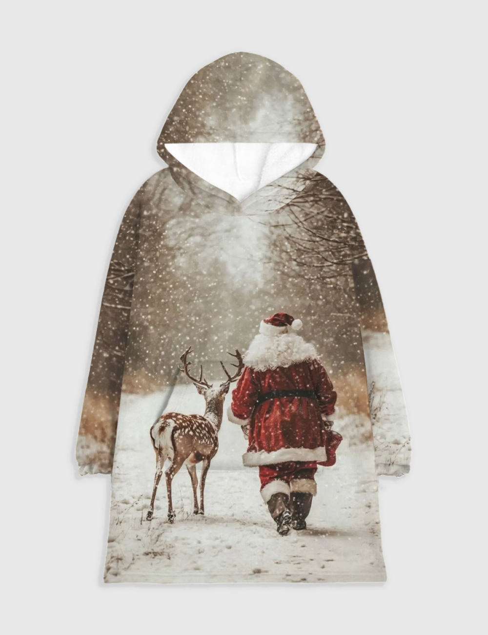 Christmas Santa Claus And Reindeer Winter Walk Blanket Hoodie