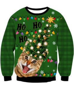 Christmas Tree Cat Print Crew Neck Ugly Christmas Sweatshirt 